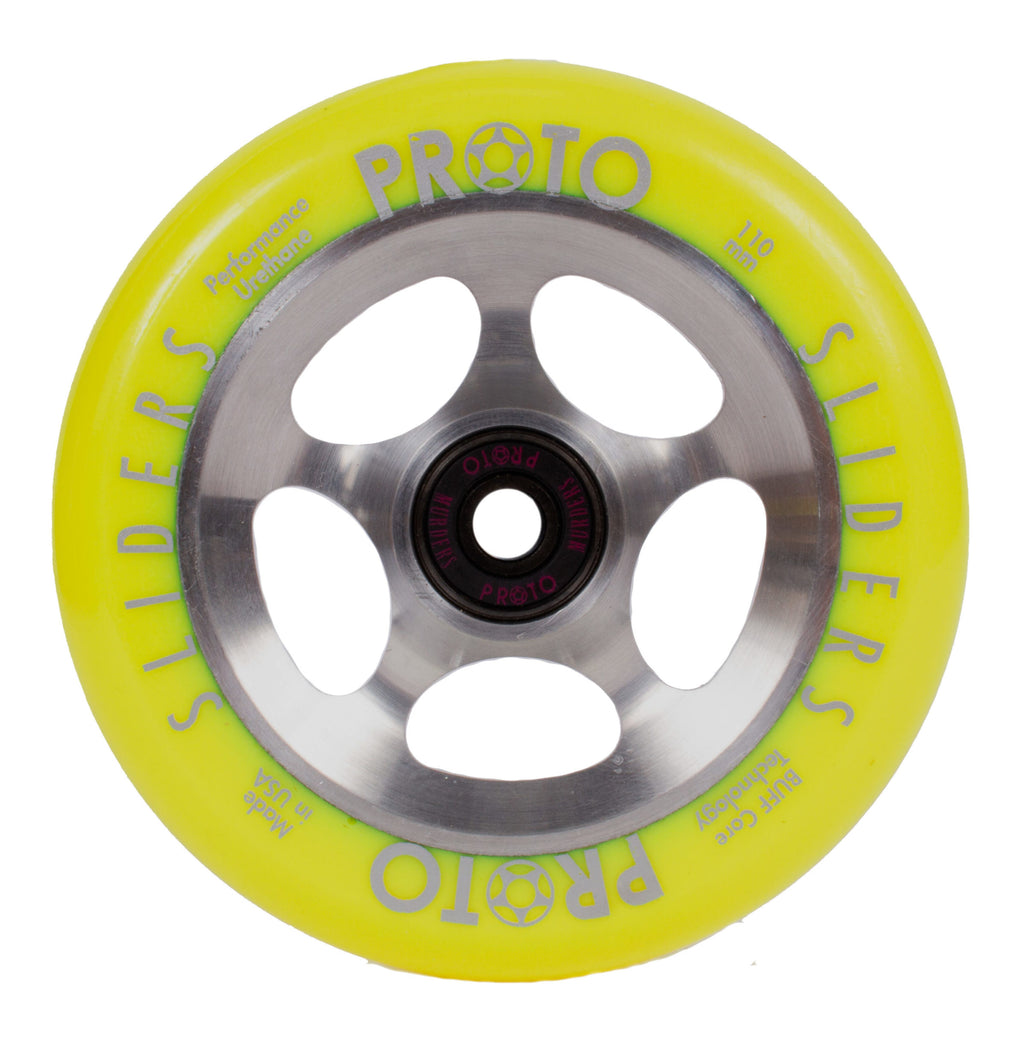 Proto - StarBright Sliders 110mm x 24mm Scooter Wheels (neon yellow on raw)